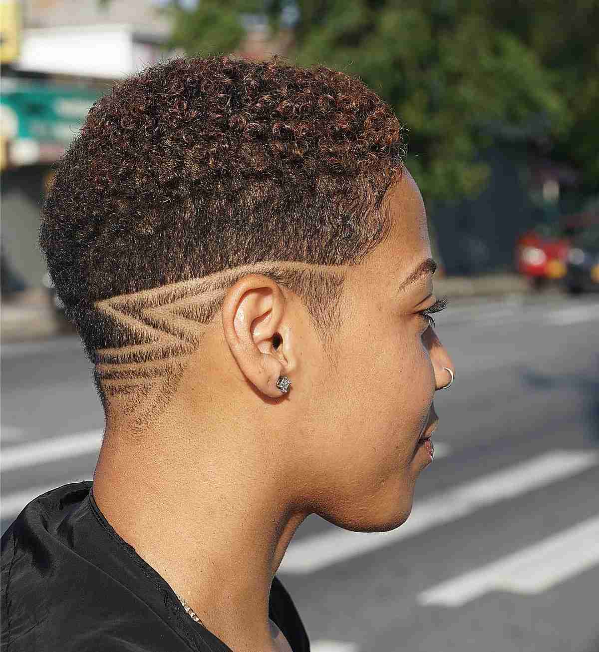 Natural Curly Crop Cut with a Shaved Design
