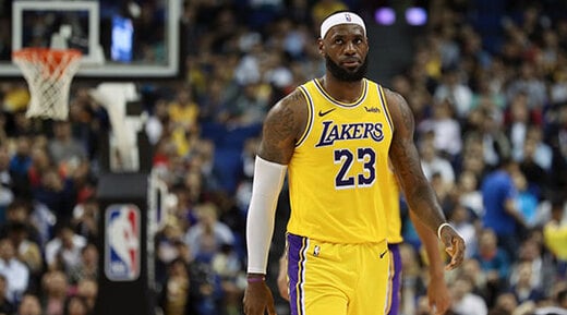 LeBron James #23 of the Los Angeles Lakers reacts during a preseason game against the Brooklyn Nets as part of 2019 NBA Global Games China at Mercedes-Benz Arena on October 10, 2019 in Shanghai, China.