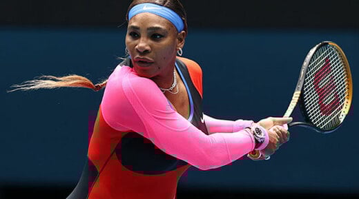 Serena Williams plays a backhand in her Women's Singles day one of the 2021 Australian Open at Melbourne Park on February 08, 2021
