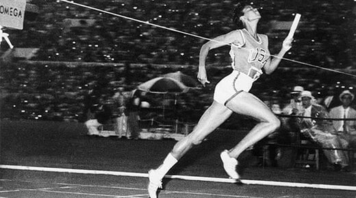 American Wilma Rudolph crosses the finish line to win the women's 400-meter relay at the 1960 Summer Olympics in Rome.