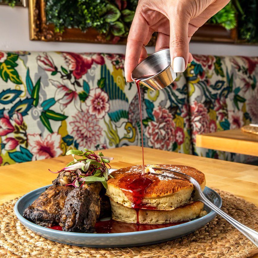 Halal jerk chicken and two very fluffy buttermilk pancakes from Belle and Lily’s Caribbean Brunch House in Atlanta. 