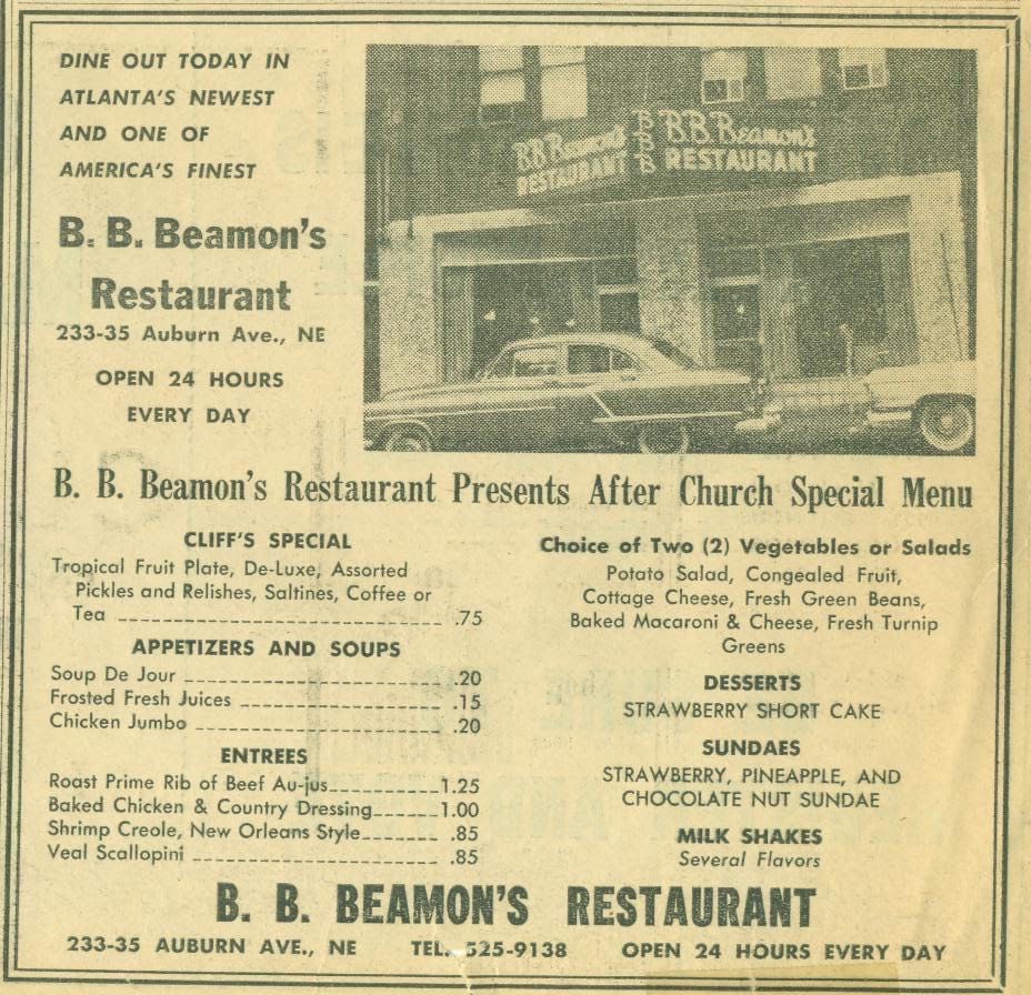 An old newspaper advertisement for B. B. Beamon’s Restaurant listing the menu in Atlanta, GA. 