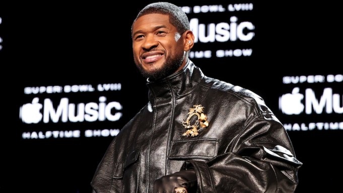 Usher at the Super Bowl LVIII Pregame + Apple Music Super Bowl LVIII Halftime Show press conference held at Mandalay Bay Convention Center on February 8, 2024 in Las Vegas, Nevada.