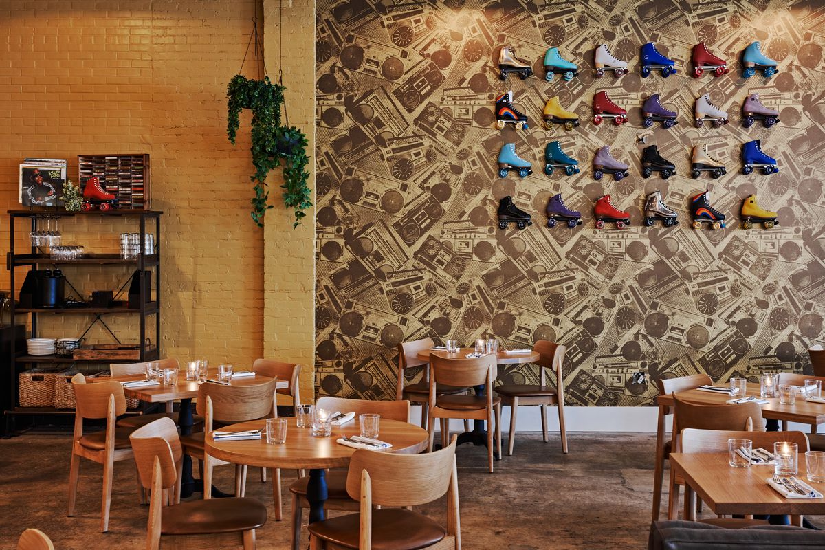 Retro-style roller skates art at Marcus Bar &amp; Grille