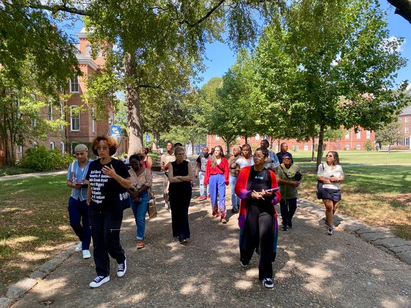 Cheryl Finley (second from the left), the founding director of the Atlanta University Center Art History and Curatorial Studies Collective, gives a tour during Atlanta Art Week in the fall of 2023. The “Art History is Our Legacy” tour showcased the Atlanta University Center’s art historical points of interest. (Rachel Brown)