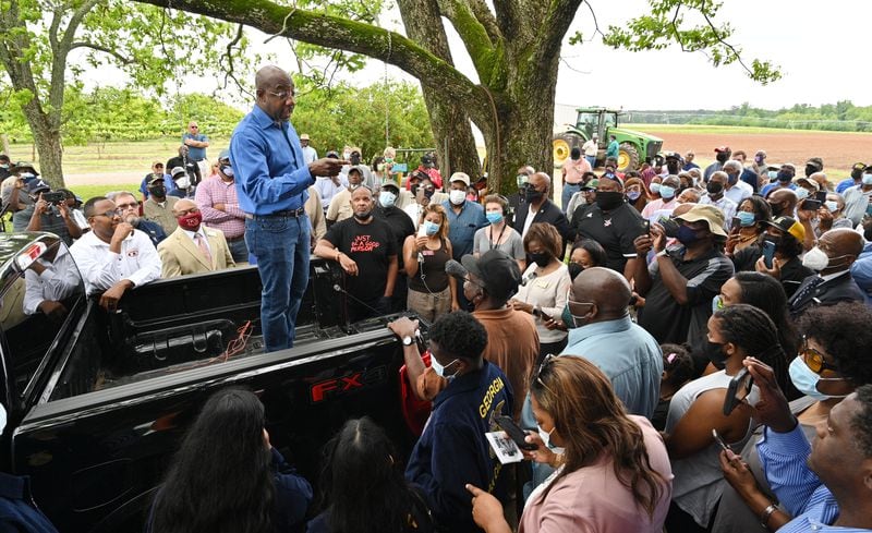 May 4, 2021 Byromville - Senator Reverend Raphael Warnock speaks to supporters at JibbÕs Vineyard in Byromville on Tuesday, May 4, 2021. (Hyosub Shin / Hyosub.Shin@ajc.com)