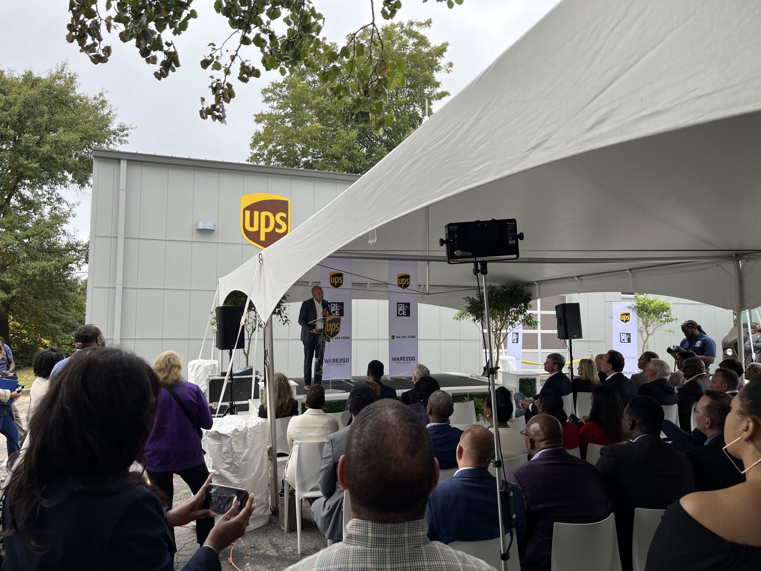 Kevin Warren addresses gathered attendees at RICE's new UPS Logistics Launchpad.