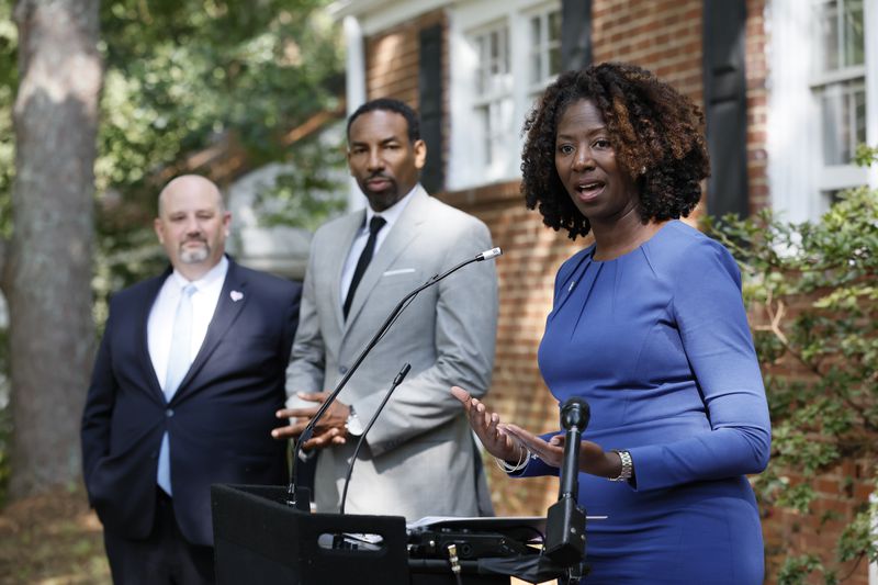 Ashani O'Mard, senior vice president of the Atlanta Neighborhood Development Partnership, during a press conference with Atlanta Mayor Andre Dickens on September 12, 2022. O'Mard recently became vice chair of the Atlanta Urban Development Corporation. Miguel Martinez / miguel.martinezjimenez@ajc.com