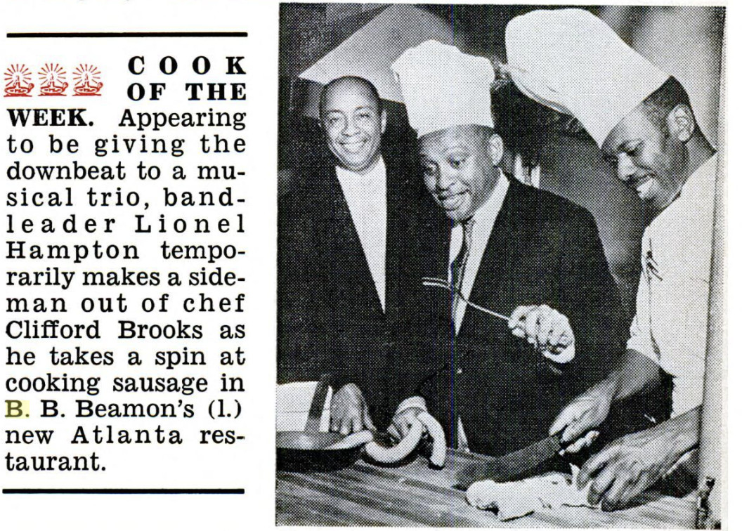 From left to right: B.B. Beamon; Lionel Hampton; and chef Clifford Brooks smiling while cooking sausages at B. B. Beamon’s Restaurant on Auburn Avenue in the 1950s in Atlanta. 