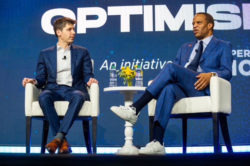 231211 ATLANTA, GA — From left, OpenAI CEO Sam Altman and founder and CEO of Operation HOPE John Hope Bryant speak at the HOPE Global Forums at the Hyatt Regency in downtown Atlanta on Monday, Dec. 11, 2023. (Bita Honarvar for The Atlanta Journal-Constitution)