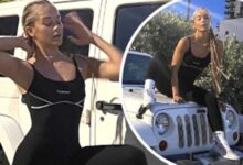 Jasmine Sanders flaunts her physique in a skintight black bodysuit before heading to the gym