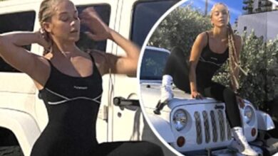 Jasmine Sanders flaunts her physique in a skintight black bodysuit before heading to the gym