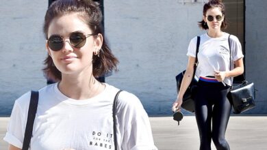 Lucy Hale hits gym wearing black leggings and inspirational T-shirt