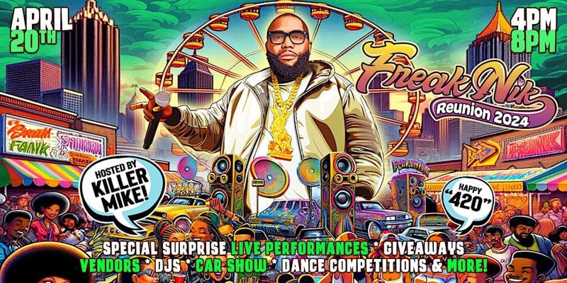 Flyer art for the FreakNik Reunion 2024 event, held April 20, 2024 in College Park, Georgia.