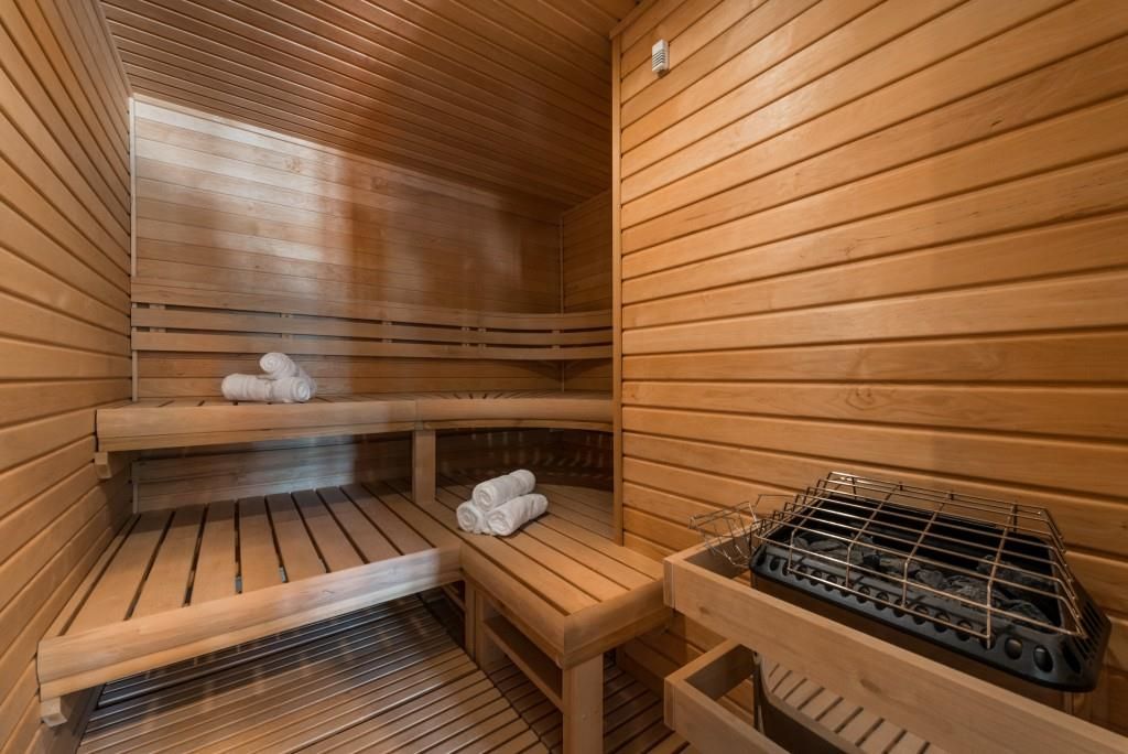  A private sauna can be found near the large backyard
