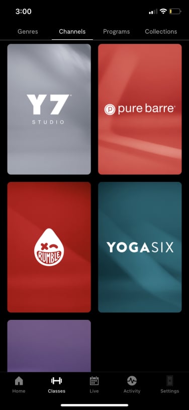 Screenshot of studio landing page for Lululemon Studio app