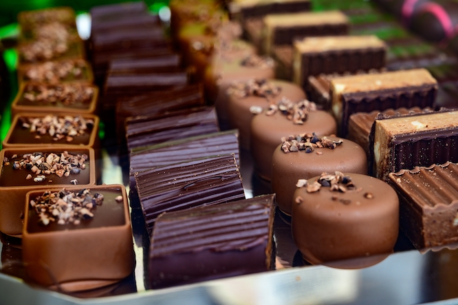 Sweet chocolate bonbons in artisan Spanish confectionery shop close up